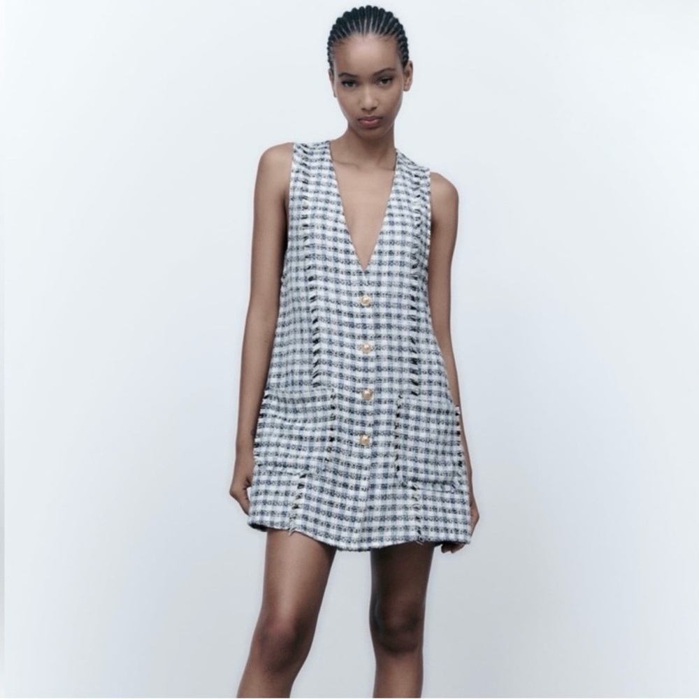 TEXTURED FRAYED PINAFORE DRESS